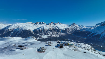 Ski Track at a location Corviglia, overlooking St. Moritz, canton of Graubunden, Switzerland.の写真素材