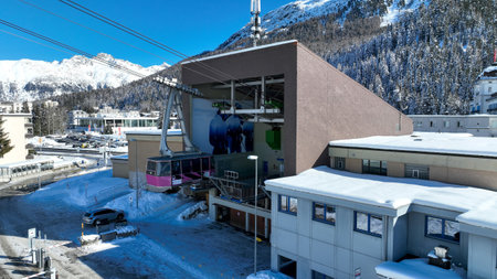 View of cable car gondola station Signalbahn in the town of St. Moritz. Ski resort in the Engadine valley in Switzerland.の写真素材