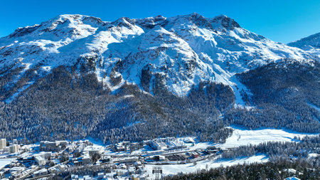 Snow capped mountain ridge near the St Moritz ski resort.の写真素材