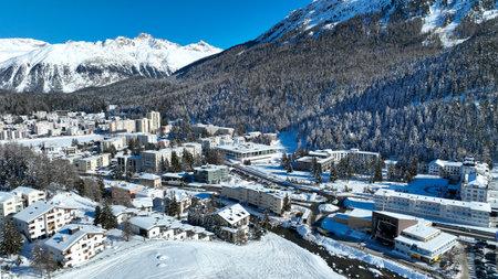 View of cable car gondola station Signalbahn in the town of St. Moritz. Ski resort in the Engadine valley in Switzerland.の写真素材