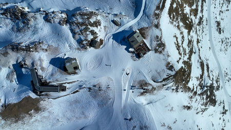 A Landscape around Schwarzsee cable car station, Zermatt. Overhead drone shotの写真素材