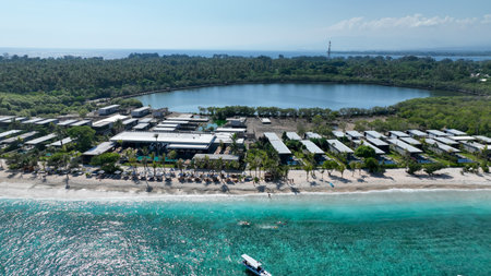 Aerial view with Gili islands and ocean, drone shot. Gili Meno islandの写真素材