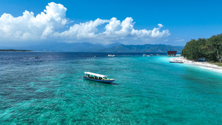 Aerial View. Top view of small boats moored on a beachの写真素材
