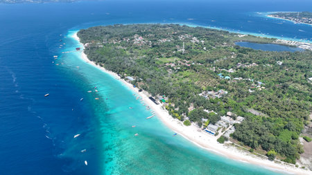 Aerial view with Gili islands and ocean, drone shot. Gili Meno islandの写真素材