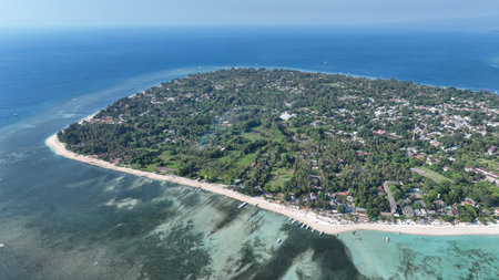 Amazing aerial view of Gili Air coastline on a sunny day, Indonesiaの写真素材