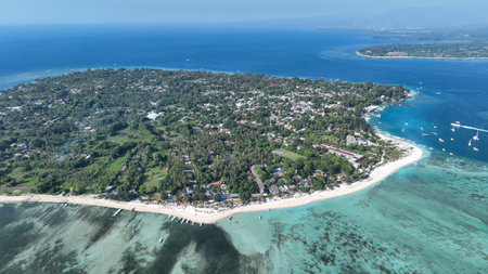 Amazing aerial view of Gili Air coastline on a sunny day, Indonesiaの写真素材