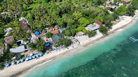 Relax on a sun-kissed tropical beach lined with palm trees and colorful umbrellas, just steps away from the inviting crystal-clear waters and gentle wavesの写真素材