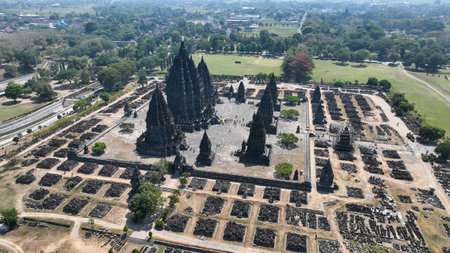 Aerial View of Beautiful Landscape Prambanan Temple complex in Yogyakarta, Indonesiaの写真素材