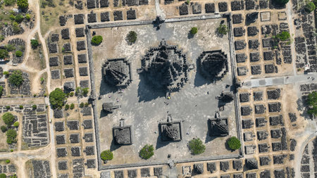 Established Aerial Shot of Candi Prambanan Temple, Hinduism Temple in Central Javaの写真素材