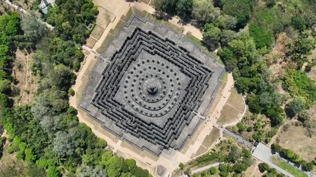 Amazing top down view of Borobudur temple one of well-known tourist destination in Indonesiaの写真素材