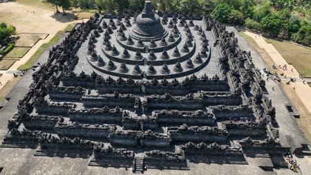 Aerial close up photo of temple in Java Islandの写真素材