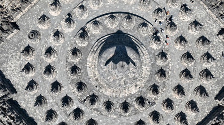 Top-down detailed drone shot of the corner of the Borobudur Temple in East Java, Indonesiaの写真素材