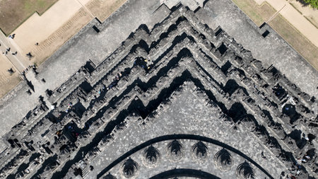 Top-down detailed drone shot of the corner of the Borobudur Temple in Central Java, Indonesiaの写真素材