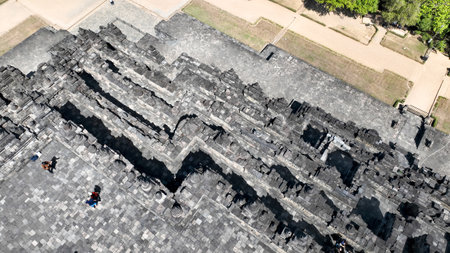 Aerial detail of Borobudur reveals the intricate stonework and geometric layout of the ancient...