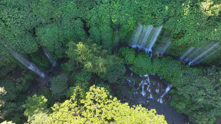 Aerial view of Benang Kelambu Waterfall reveals its unique curtain-like streams, gently flowing down...