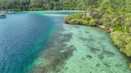 Stunning overhead view of serene bay near Strawberry Rock Komodo National Park. Reveals vibrant...