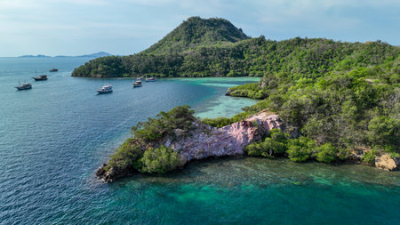 Verdant islands rise from emerald waters with vibrant coral reefs visible below forested peaks under...