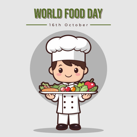 World Food Day on October 16 - Cute Chef Cartoon Character Vector Illustration.のイラスト素材