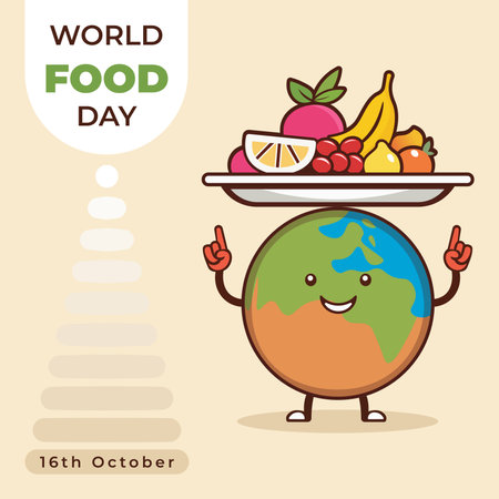 World food day celebration on October 16. 2D vector Cartoon Globe Holding plate full of fruits with smile, clip art, background,, vector illustration eps10 graphic. flat designのイラスト素材