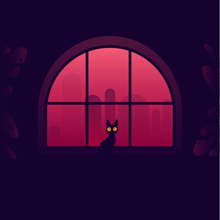 The cat sits at night on the window. Vector illustration.のイラスト素材