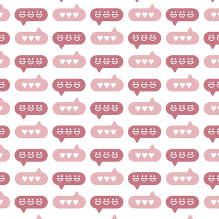 Messaging with friends and family. Graphic chat pattern. Emoji and hearts. Pink hue.のイラスト素材