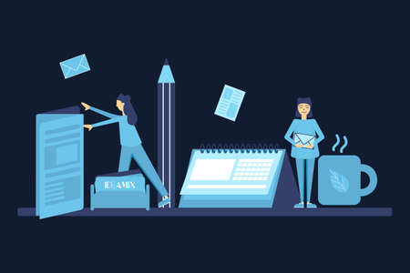 Office illustration. A desktop with an image of a calendar, printing and people.のイラスト素材