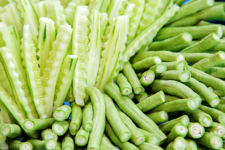 fresh vegetable, cucumber and string bean prepared for eating with chili paste.の写真素材