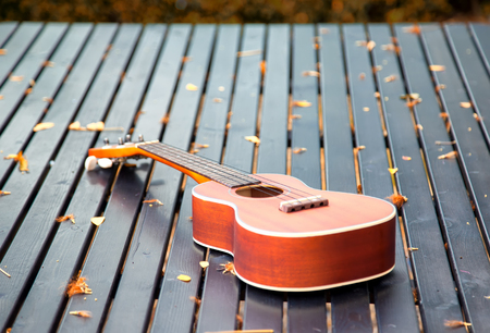 Ukulele guitar on wood table in the garden under the morning sunlight.の写真素材