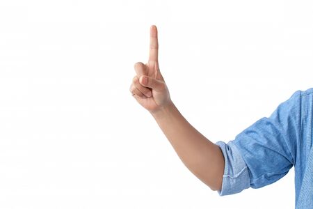 counting front hand with a shoulder in a jean shirt., isolated on white backgroundの写真素材