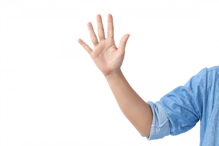 counting front hand with a shoulder in a jean shirt., isolated on white backgroundの写真素材