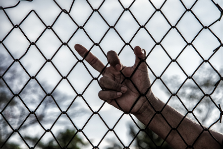 Hand with mesh cage, Hands with steel mesh fence.の写真素材