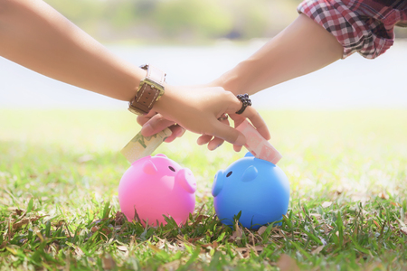 hands of young men and young women cross to putting money into colorful piggy bank pigs on the lawn to keep a family., Couple saves money with piggy bank.の写真素材