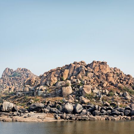 Landscape of Hampi rocks and Tungabhadra Riverの写真素材