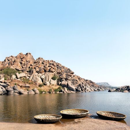 Landscape of Hampi rocks and Tungabhadra Riverの写真素材