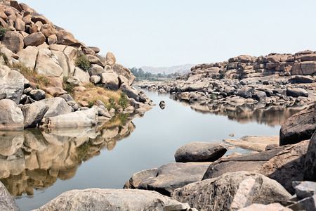 Landscape of Hampi rocks and Tungabhadra Riverの写真素材