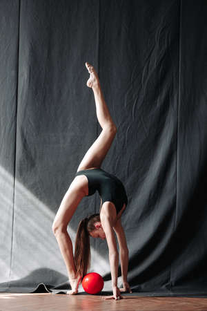 Young gymnast girl stretching and trainingの写真素材