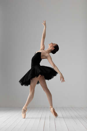 Young beautiful skinny ballerina is posing in studioの写真素材