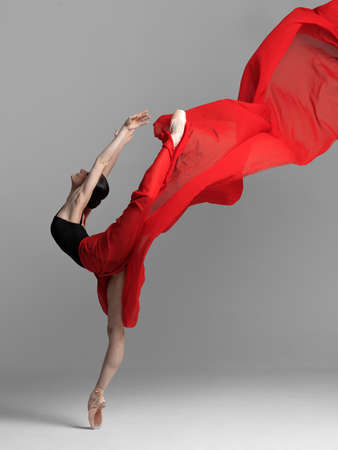 Young beautiful skinny ballerina is posing in studioの写真素材