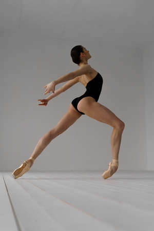 Young beautiful skinny ballerina is posing in studioの写真素材