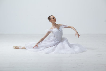 Young Beautiful Ballet Dancer Positioning on Studio Backgroundの写真素材