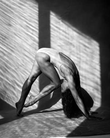 Young beautiful yoga female is exercising in studioの写真素材