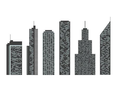 Set of urban skyscrapers. Silhouettes of modern buildings. Vector illustration on white background.のイラスト素材