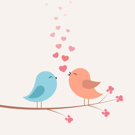 Birds with love and hearts on branch. Vector illustration on light background.のイラスト素材