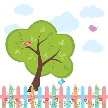 Birds on  fence and  tree. Vector illustration on white backgroundのイラスト素材