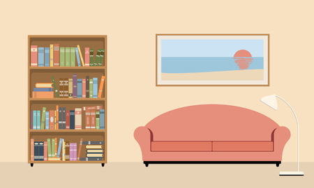 living room interior with sofa, bookcase and lamp. Vector illustration on a beige background.のイラスト素材
