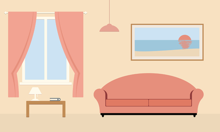Living room with furniture, sofa, table, window, lamp, flat style vector illustration.のイラスト素材