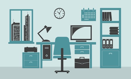 Home or office workplace with table, bookcase, window. Flat vector illustration.のイラスト素材