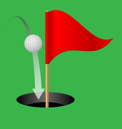 Golf hole, golf ball and golf flag on a green background. Vector illustration.のイラスト素材