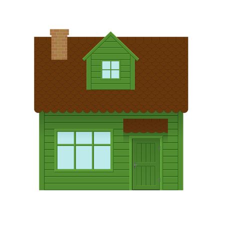 Wooden green detailed house with brown roof and brick chimney. Isolated vector illustration on white background.のイラスト素材