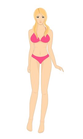 Young woman with an attractive figure in a pink bikini. Glamorous blonde on the beach. The girl in the solarium. Isolated vector illustration on white background.のイラスト素材